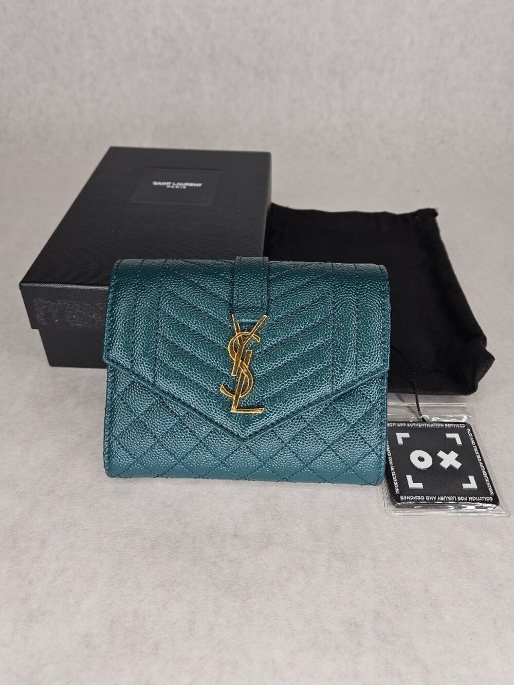 YSL Yves Saint Laurent Chevron Quilted Grain De Poudre Trifold Wallet